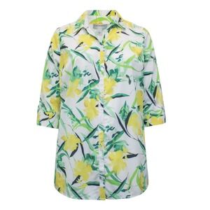 Catherines 3X Floral Button Down Shirt White Yellow Green 3/4 Sleeve‎